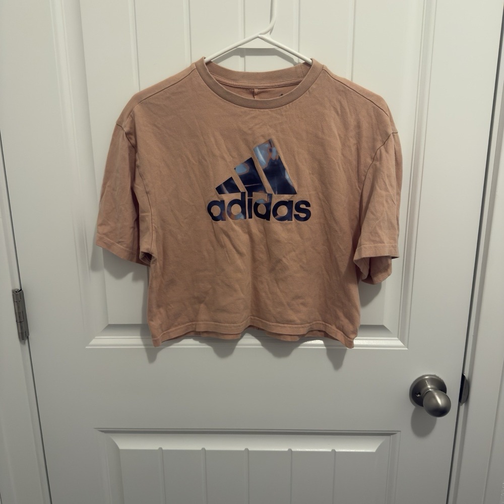 Adidas Women's Peach Blue Logo‎ Cropped Athletic Top Size XS